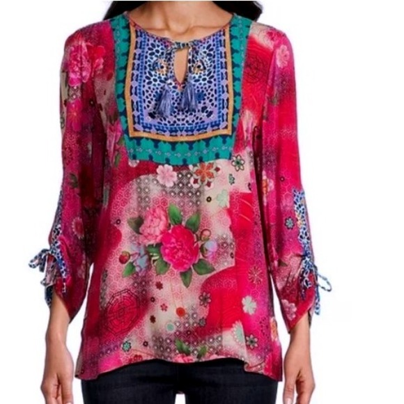John Mark Womens 1X Pink Rose Floral Split Neck Tunic ‎ NWT - Picture 1 of 11